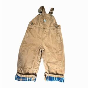 Carhartt Kids khaki/tan Overalls with Blue Plaid fleece Lining, Sz 24 months